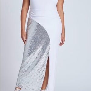 Eloquii White and Silver Asymmetrical Sequin Skirt